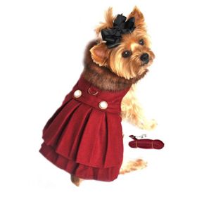 Wool Fur-Trimmed Dog Harness Coat - Burgundy (size: X-Large)