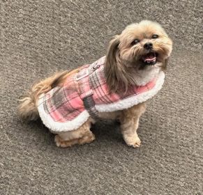 Sherpa-Lined Dog Harness Coat - Pink & White Plaid (size: medium)